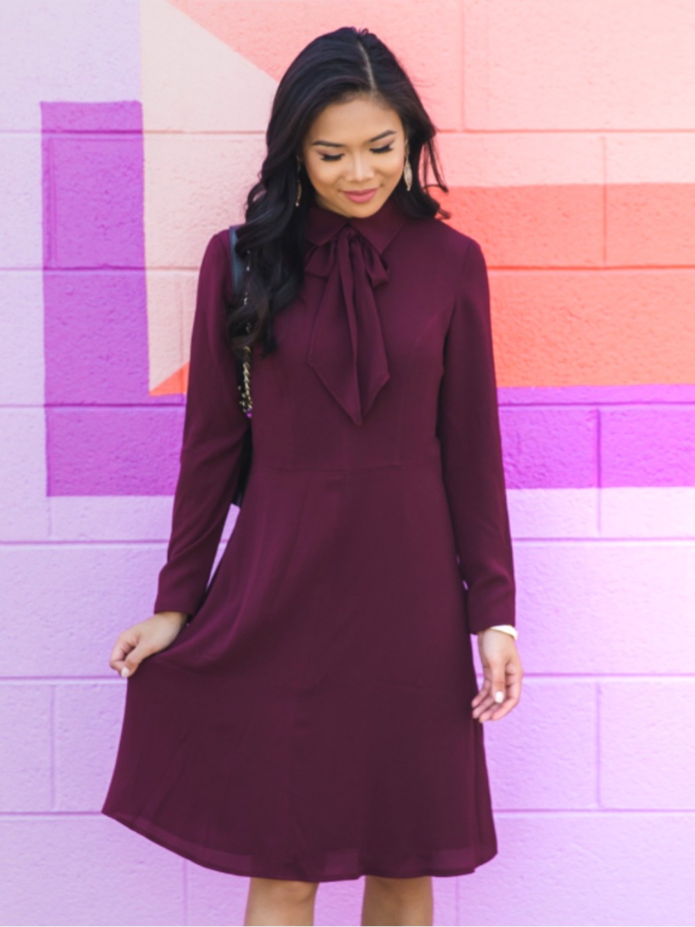 Long Sleeve Tie-Neck A-Line Dress in Burgundy Aritzia Sunday best Veronica